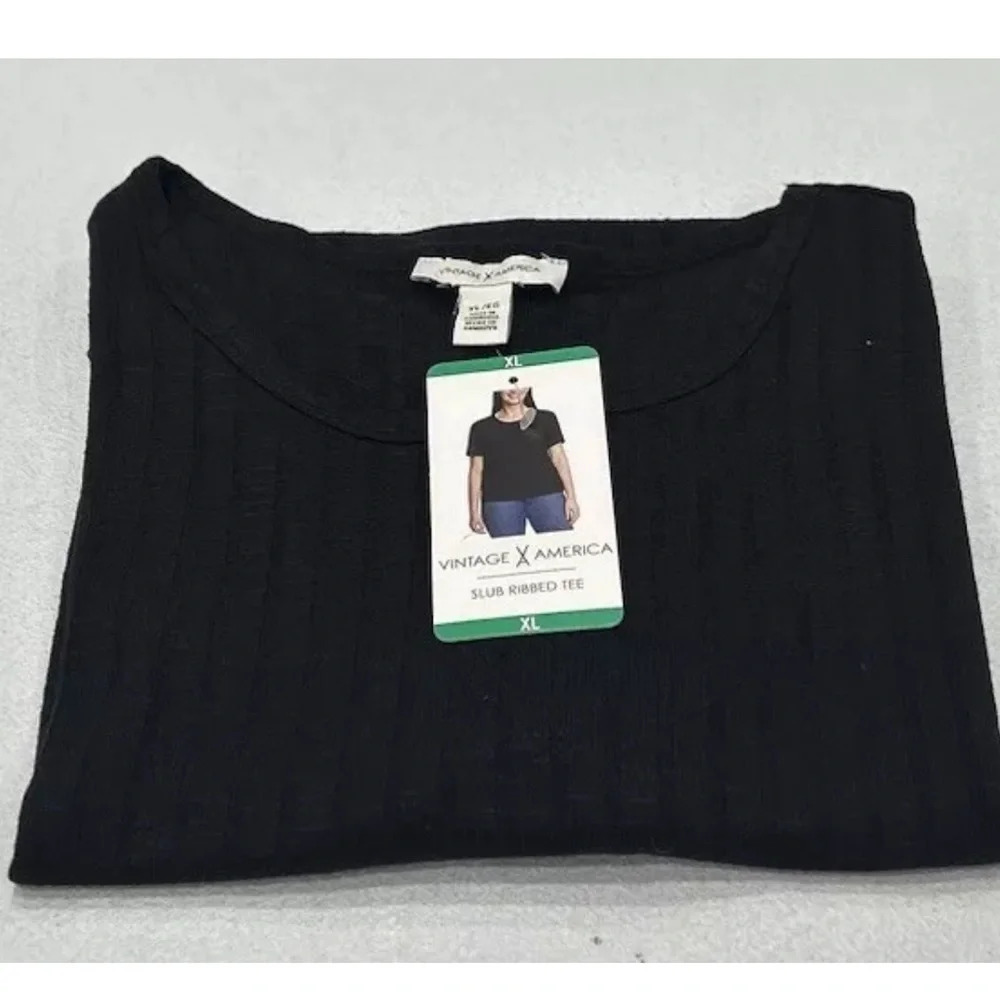Vintage America Women's Slub Ribbed Tee Crew Neck (Black X-Large)